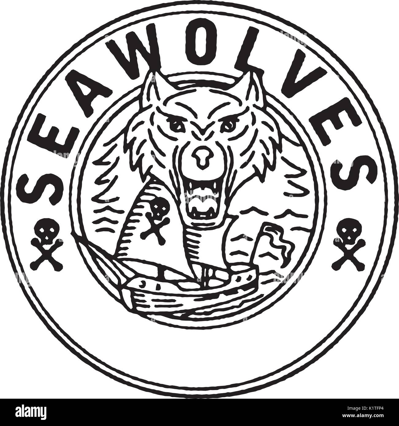 Illustration of a Sea Wolf head with Pirate Sailing Ship in background