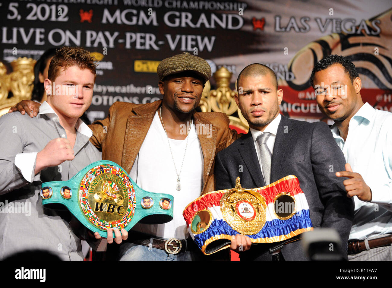 Canelo Alvarez,US boxer Floyd Mayweather,WBA Super Welterweight World Champion Miguel Cotto Puerto Rico Sugar Shane Mosley during press conference Grauman's Chinese Theatre Hollywood March 1,2012. Mayweather Cotto will meet WBA Super Welterweight World Championship fight May 5 MGM Grand Las Vegas. Stock Photo