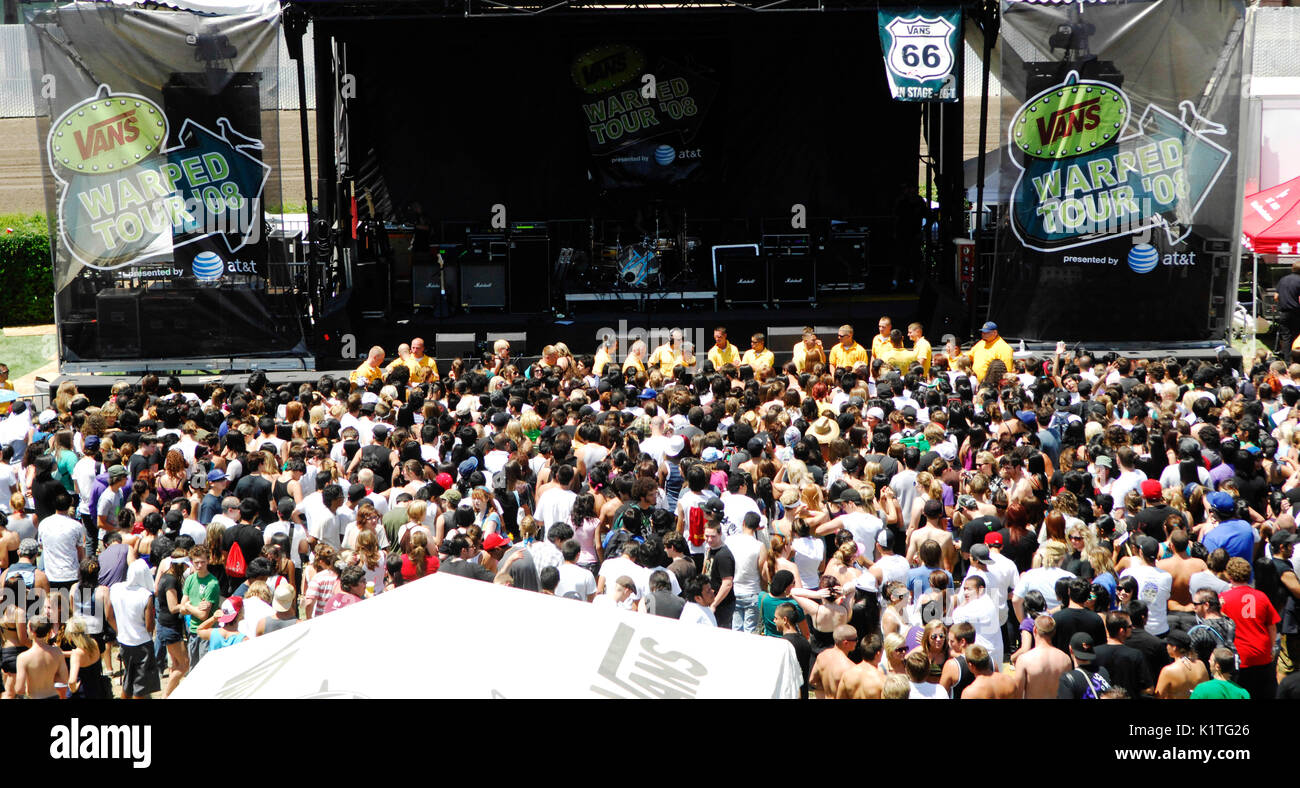 Crowd stage atmosphere at the Warped Tour 2008 in Pomona, California. Stock Photo