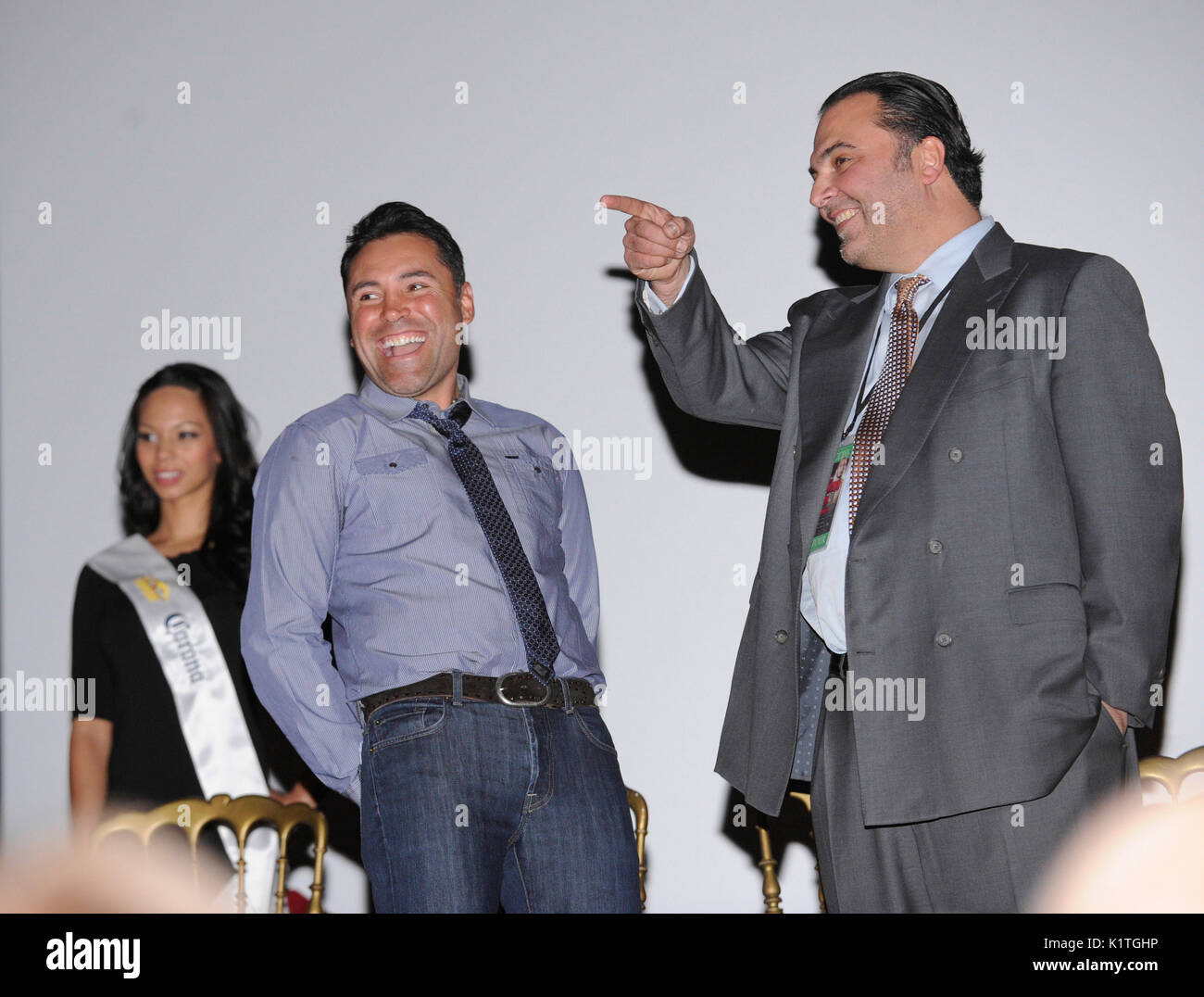Oscar De La Hoya (c) attends press conference Grauman's Chinese Theatre Hollywood March 1,2012. Mayweather Cotto will meet WBA Super Welterweight World Championship fight May 5 MGM Grand Las Vegas. Stock Photo