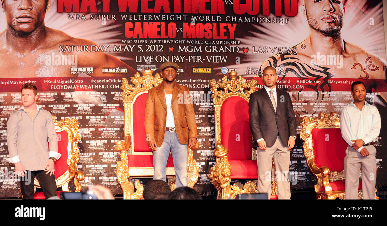press conference Grauman's Chinese Theatre Hollywood March 1,2012. Mayweather Cotto will meet WBA Super Welterweight World Championship fight May 5 MGM Grand Las Vegas. Stock Photo