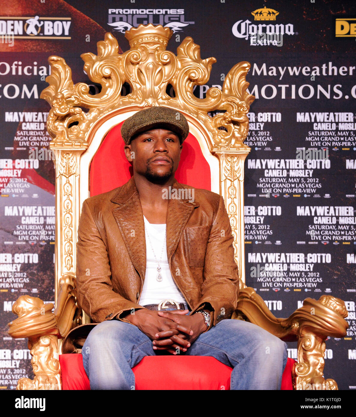 Boxer Floyd Mayweather attends press conference Grauman's Chinese Theatre Hollywood March 1,2012. Mayweather Cotto will meet WBA Super Welterweight World Championship fight May 5 MGM Grand Las Vegas. Stock Photo