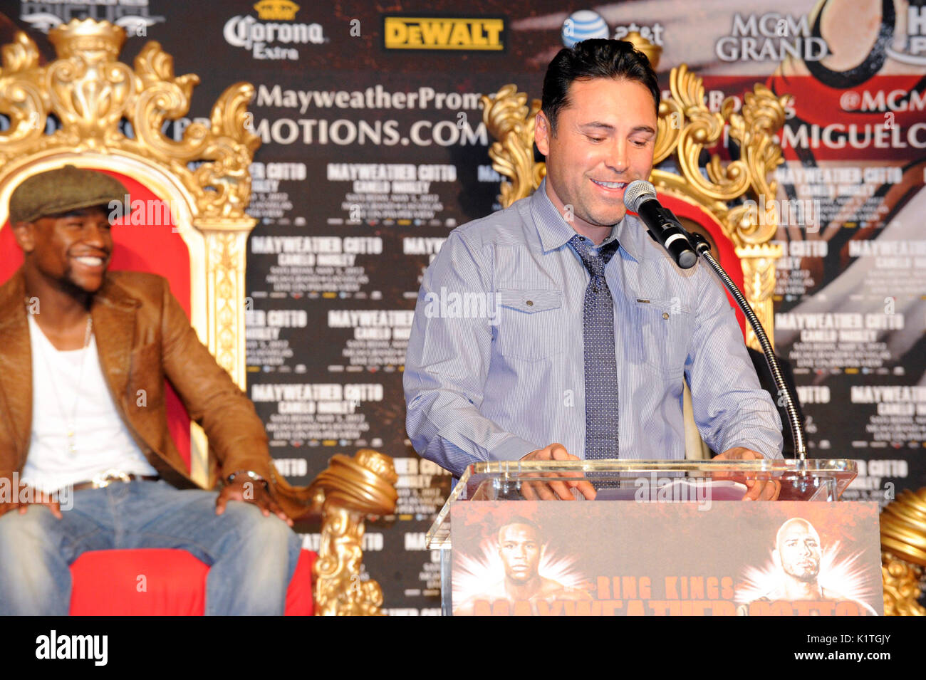 (L-R) Boxers Floyd Mayweather Oscar De La Hoya attend press conference Grauman's Chinese Theatre Hollywood March 1,2012. Mayweather Cotto will meet WBA Super Welterweight World Championship fight May 5 MGM Grand Las Vegas. Stock Photo