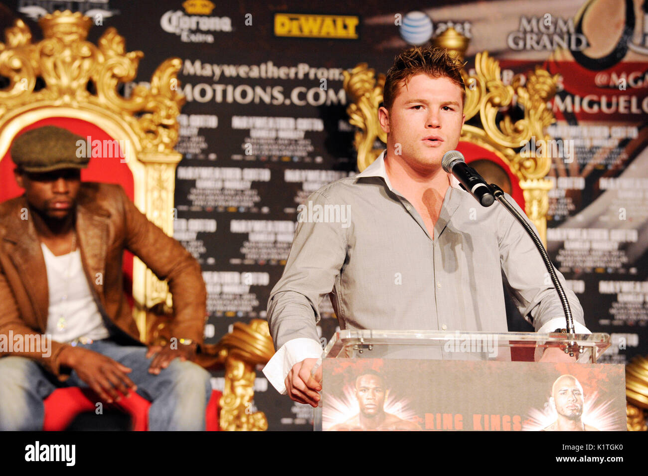 (L-R) Boxers Floyd Mayweather Canelo Alvarez attend press conference Grauman's Chinese Theatre Hollywood March 1,2012. Mayweather Cotto will meet WBA Super Welterweight World Championship fight May 5 MGM Grand Las Vegas. Stock Photo