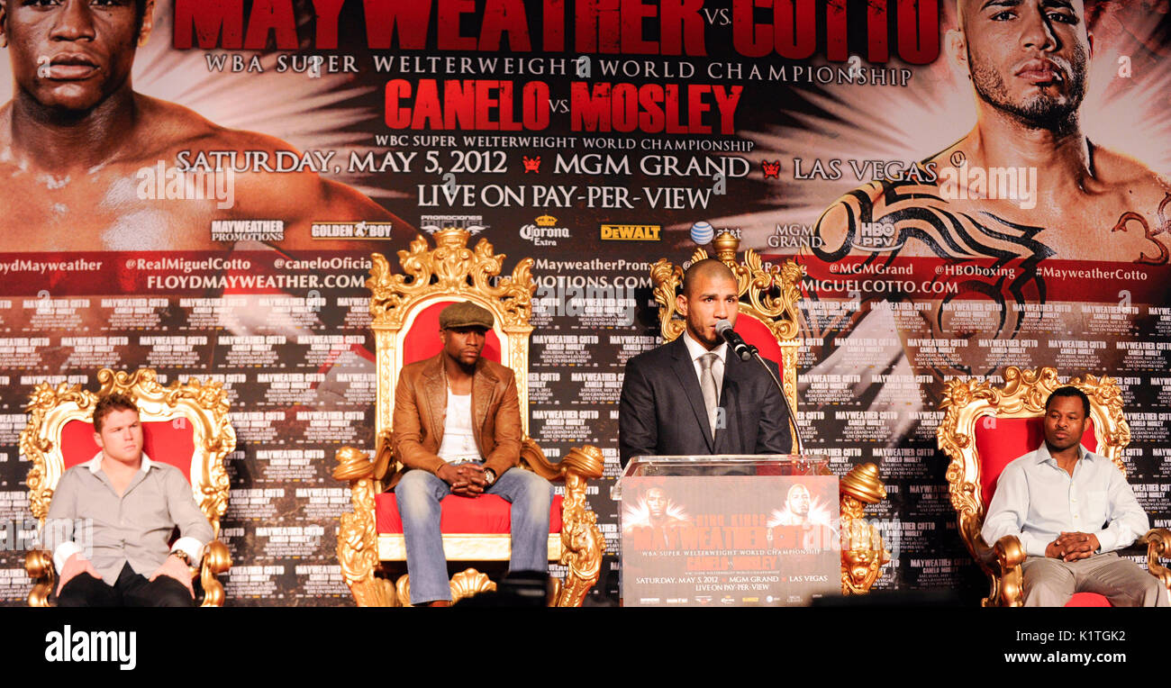 (L-R) Canelo Alvarez,US boxer Floyd Mayweather,WBA Super Welterweight World Champion Miguel Cotto Puerto Rico Shane Mosley during press conference Grauman's Chinese Theatre Hollywood March 1,2012. Mayweather Cotto will meet WBA Super Welterweight World Championship fight May 5 MGM Grand Las Vegas. Stock Photo