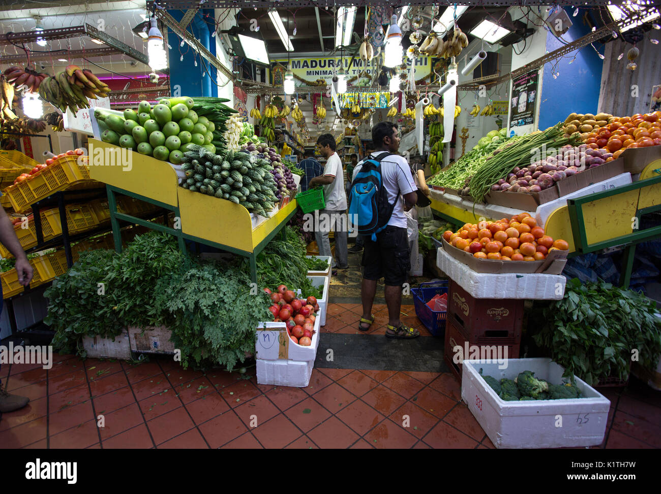indian men making shopping in singapore's colourful vegetable shops in little india,singapore,PRADEEP SUBRAMANIAN Stock Photo