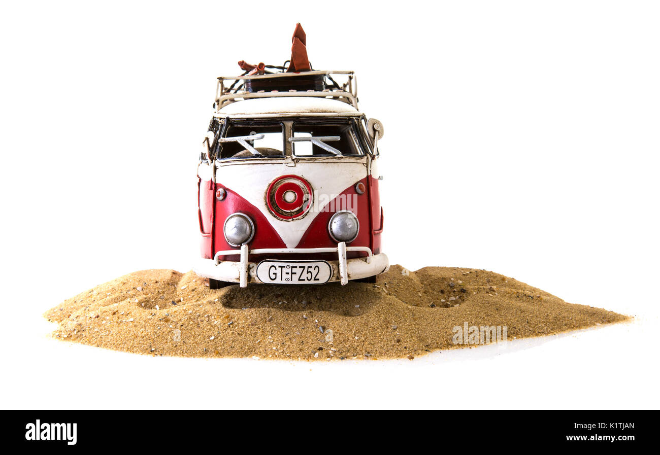 SWINDON, UK - AUGUST 1, 2017: Old Red and White Van Toy on a white background Stock Photo