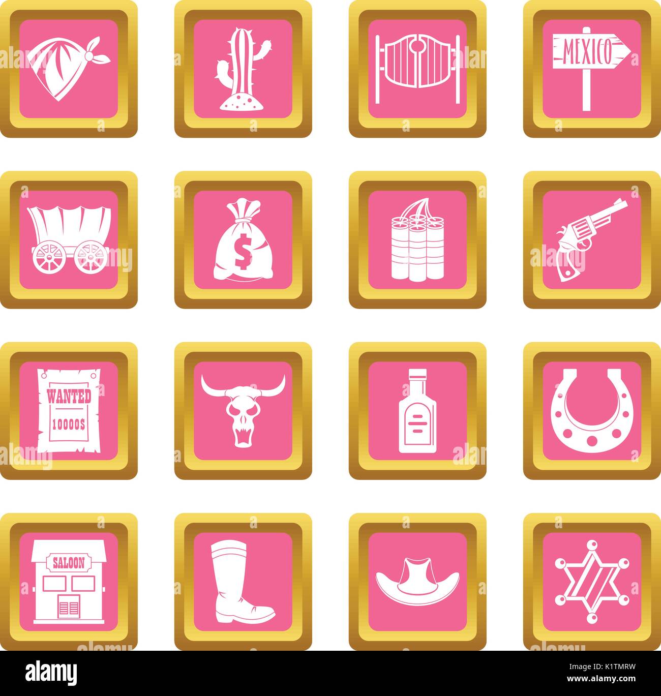 Wild west icons pink Stock Vector