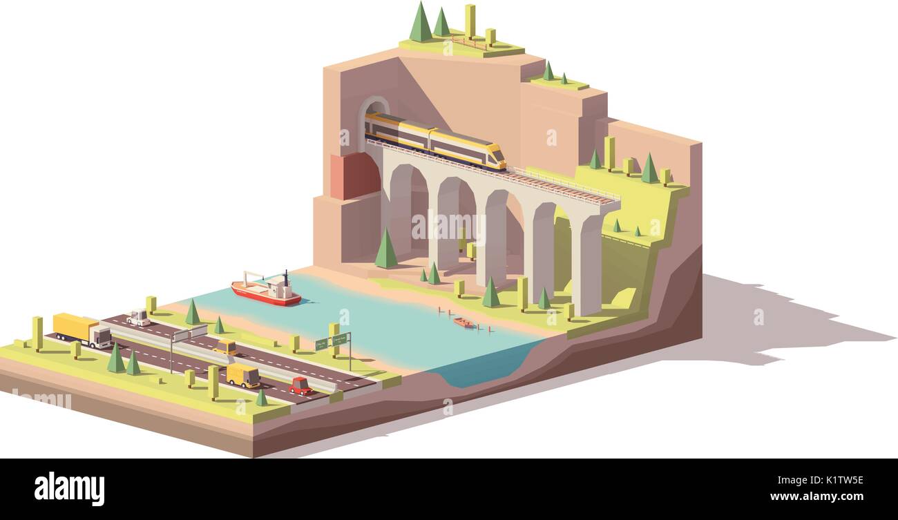 Vector low poly highway near river and railroad Stock Vector