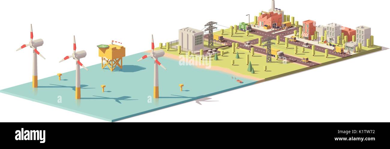 Vector low poly wind turbines power plant Stock Vector