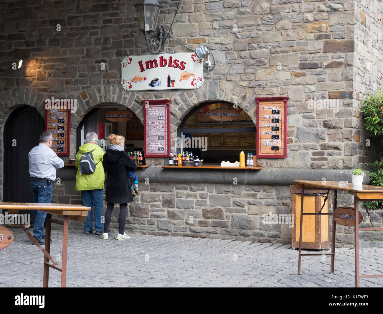 Takeaway cafe under Bruckenstrasse, Cochem, Germany Stock Photo