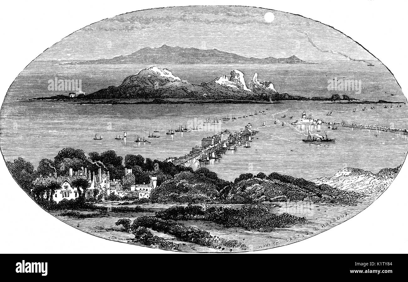 1870: A view of Ireland's Eye, Howth Harbour and the 14th Century Howth Castle  later restyled by  Sir Edwin Lutyens. Howth, County Dublin, Ireland Stock Photo