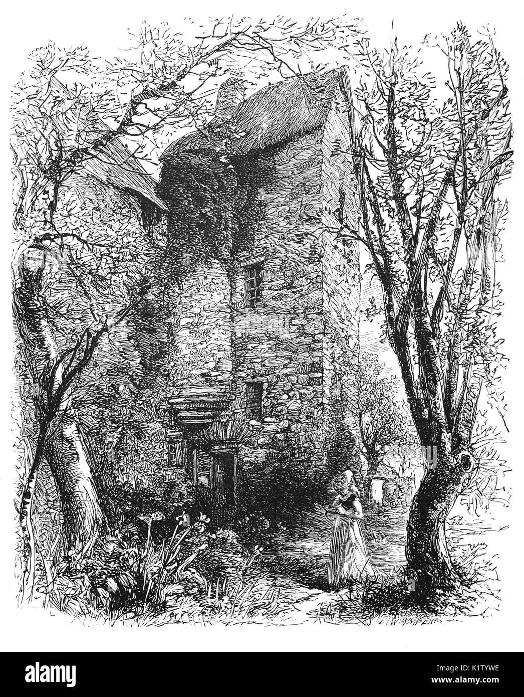 1870: Mary, Queen of Scots' House in front of her house. There is some debate as to whether this was indeed the fortified house she was taken to in 1566. It is believed that she stayed here, when she became gravely ill after riding 30 miles to Hermitage and back in one day to visit James Hepburn, the Earl of Bothwell.  Jedburgh, the traditional county town of the historic county of Roxburghshire, in the Scottish Borders, Scotland Stock Photo