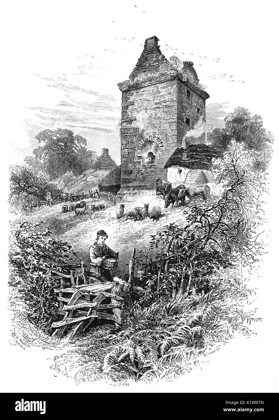 1870: A shepherdess with sheep and cattle below Gilnockie Tower, aka Johnnie Armstrong's Tower, a 16th-century tower house, located at the hamlet of Hollows, 2.3 km north of Canonbie, in Dumfries and Galloway, south-west Scotland. The tower is situated on the west bank of the River Esk. Originally known as Hollows Tower, it was built around 1520 by Johnnie Armstrong, famous Border outlaw. Stock Photo