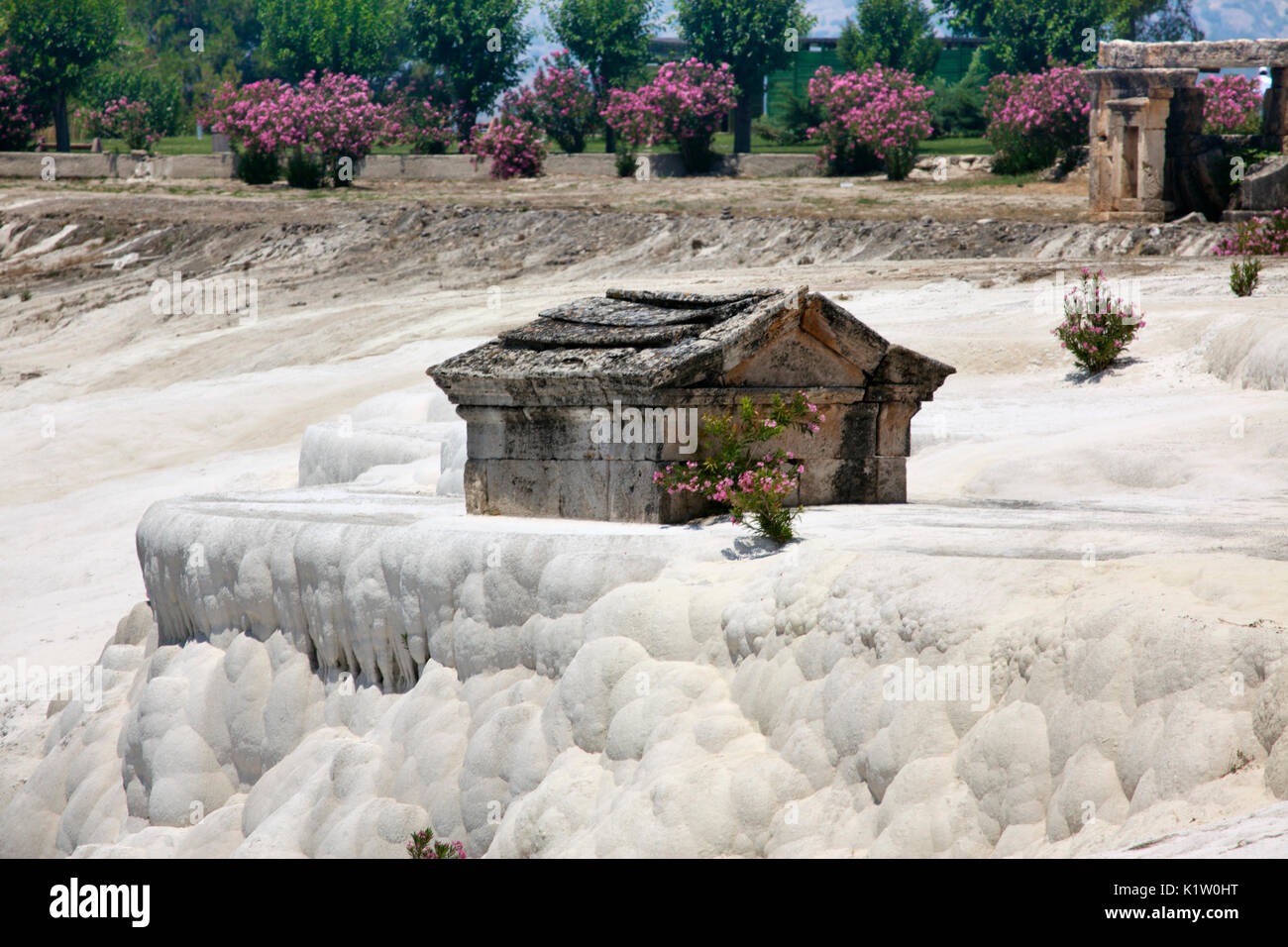 Image of part of the ruins of Hierapolis built on top of the Pamukkale formations. Stock Photo