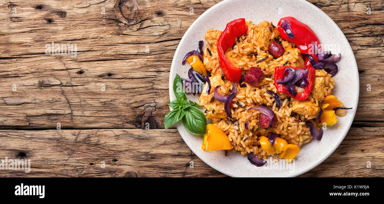 Creole Jambalaya spicy rice with meat and vegetables Stock Photo