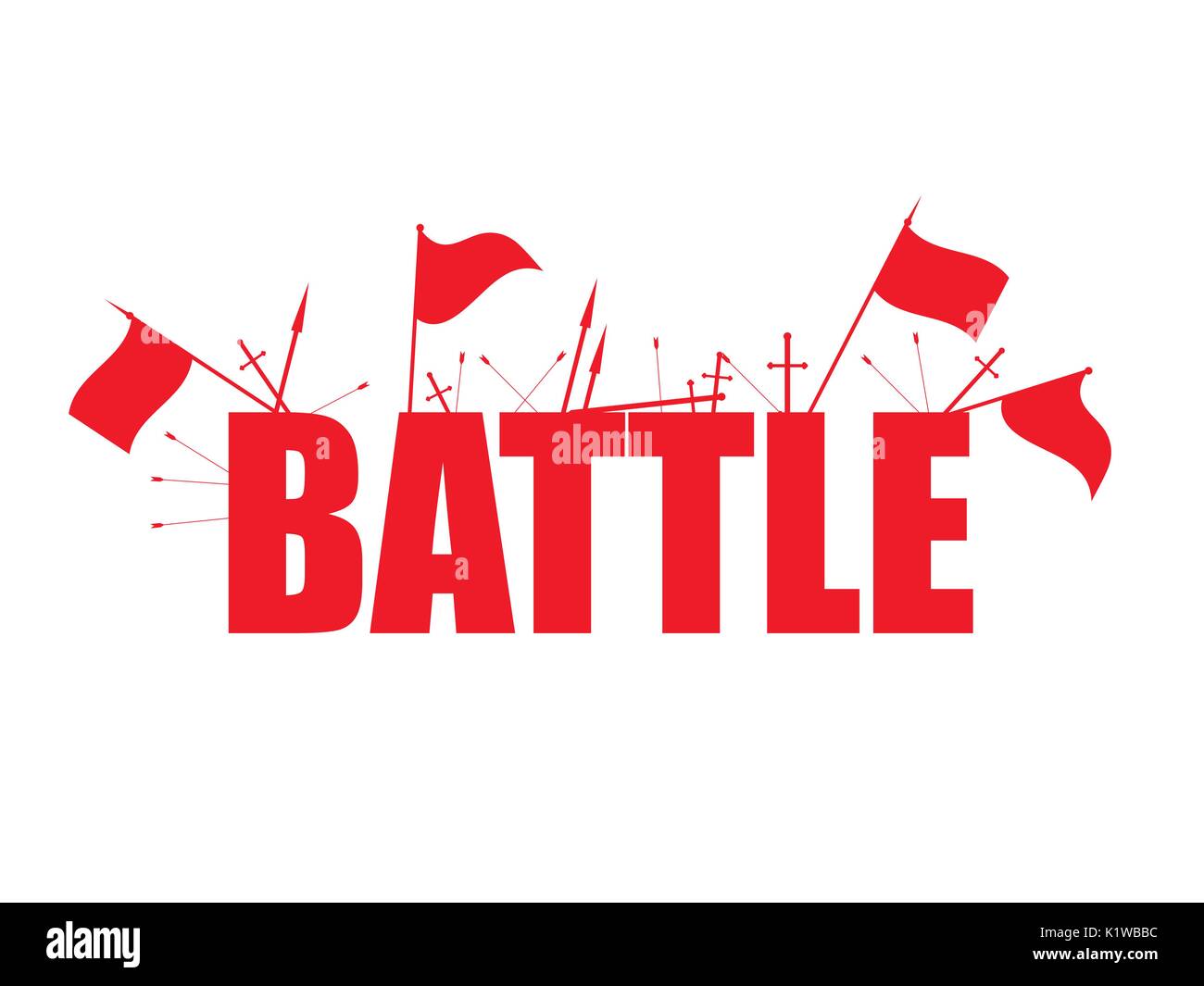 Battle, red flags with text, arrows and swords. Isolated on white background. Vector