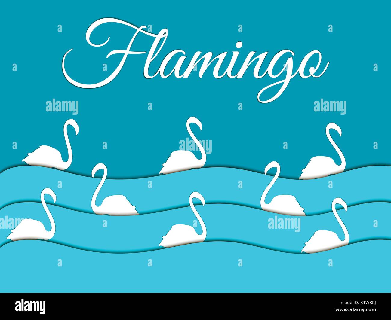 Flamingo, wave shadow, birds swim. Paper waves. Vector shadow. Stock Vector