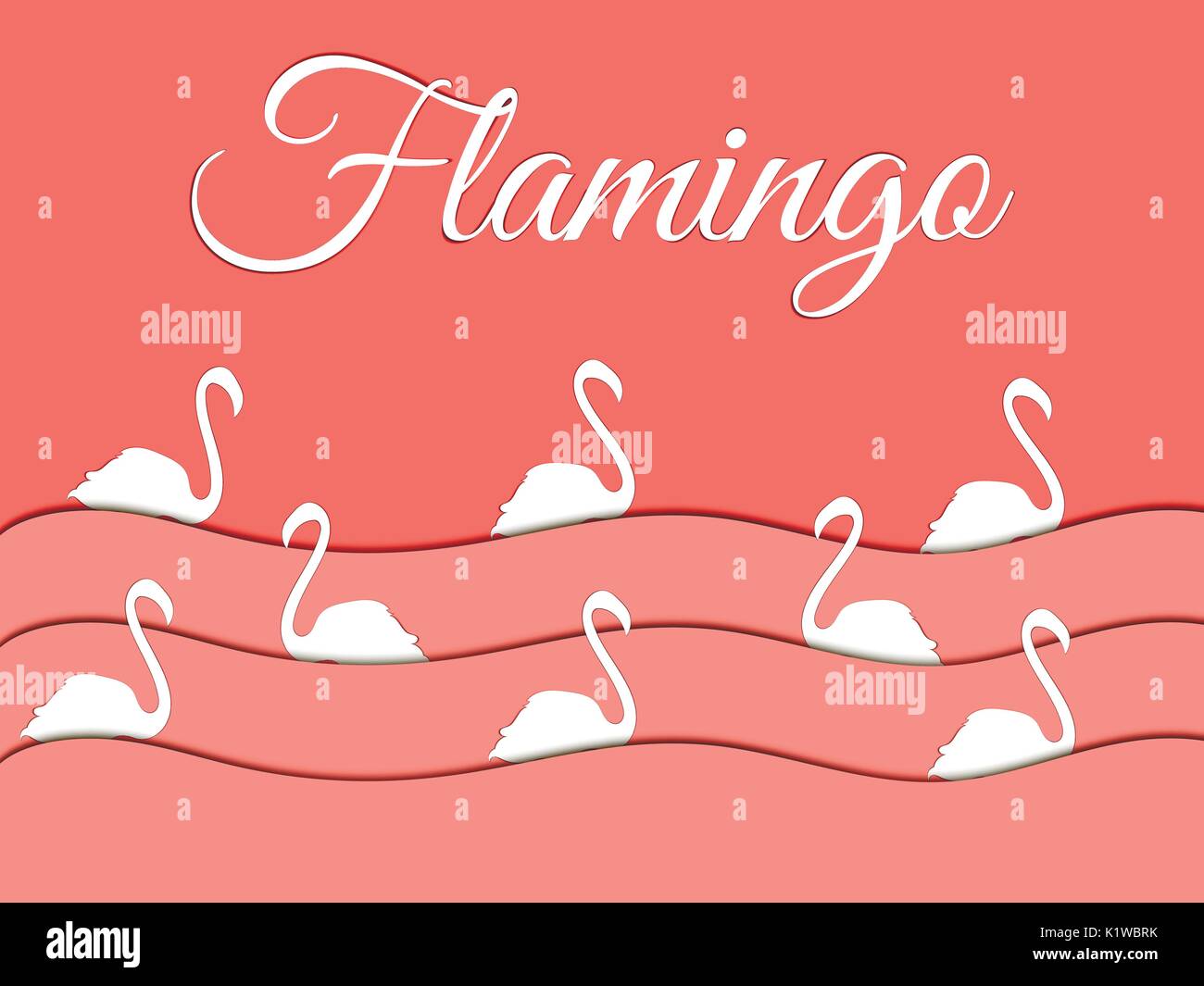Flamingo, paper waves, birds swim. Vector shadow. Stock Vector