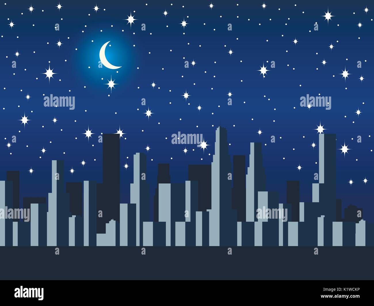 City at night with the moon and stars. Vector illustration Stock Vector ...