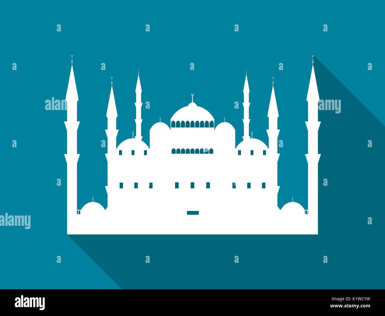Mosque with a long shadow. Blue Mosque flat icon. Vector illustration. Stock Vector