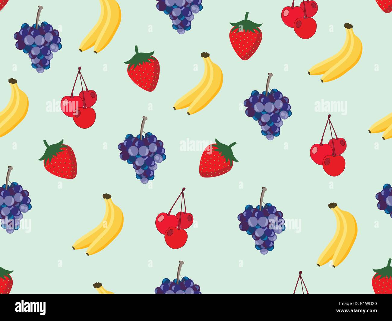Fruit seamless pattern with bananas, cherries, strawberries and grapes. Vector background. Stock Vector