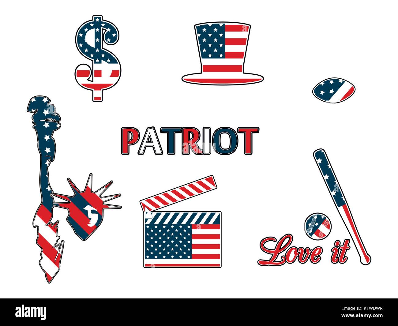 US symbols in the patriotic colors of isolation on a white background. Patriotic patch badges. Vector illustrations. Stock Vector