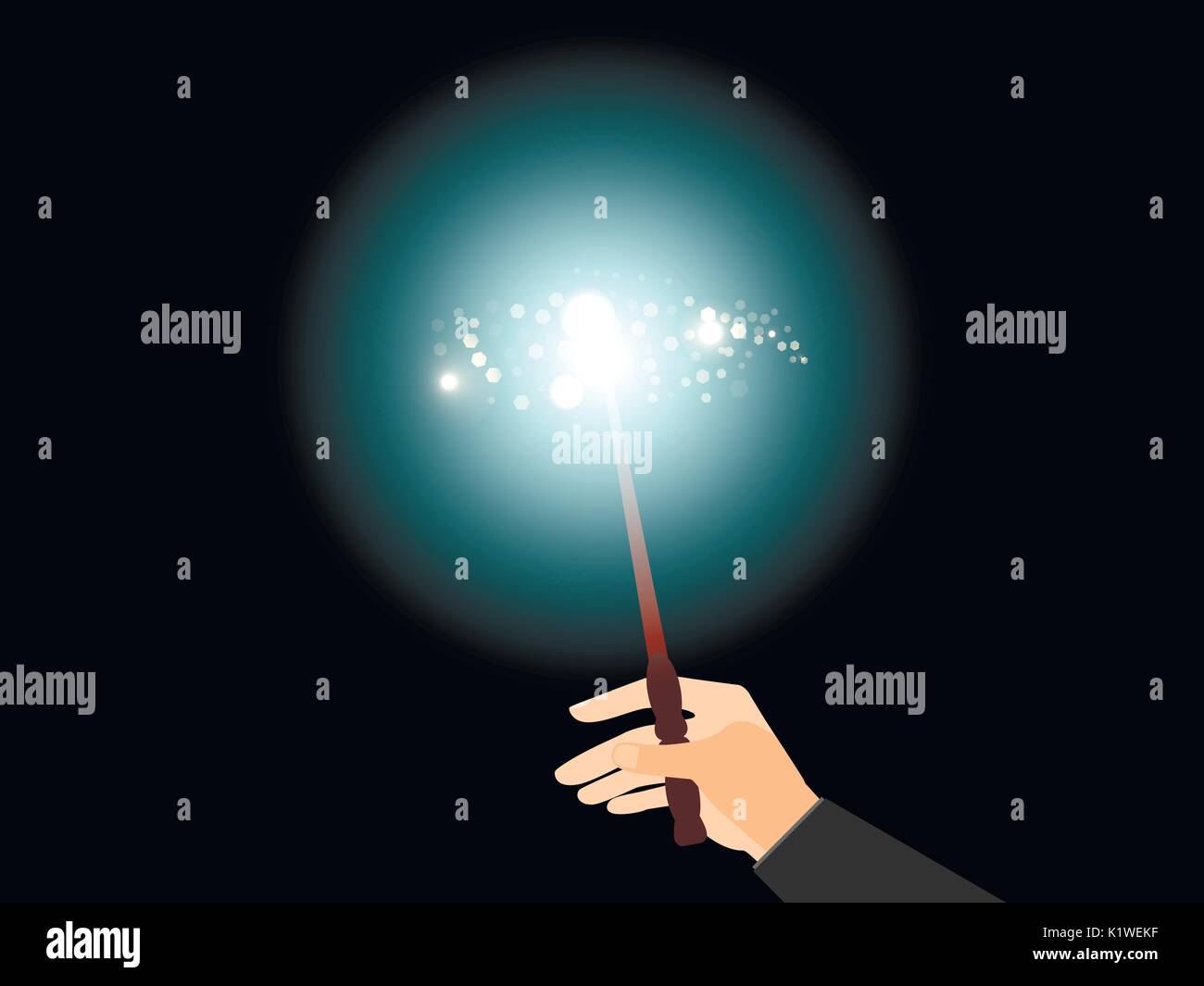 Hand holding a magic wand. Magic bright light with sparks. Vector