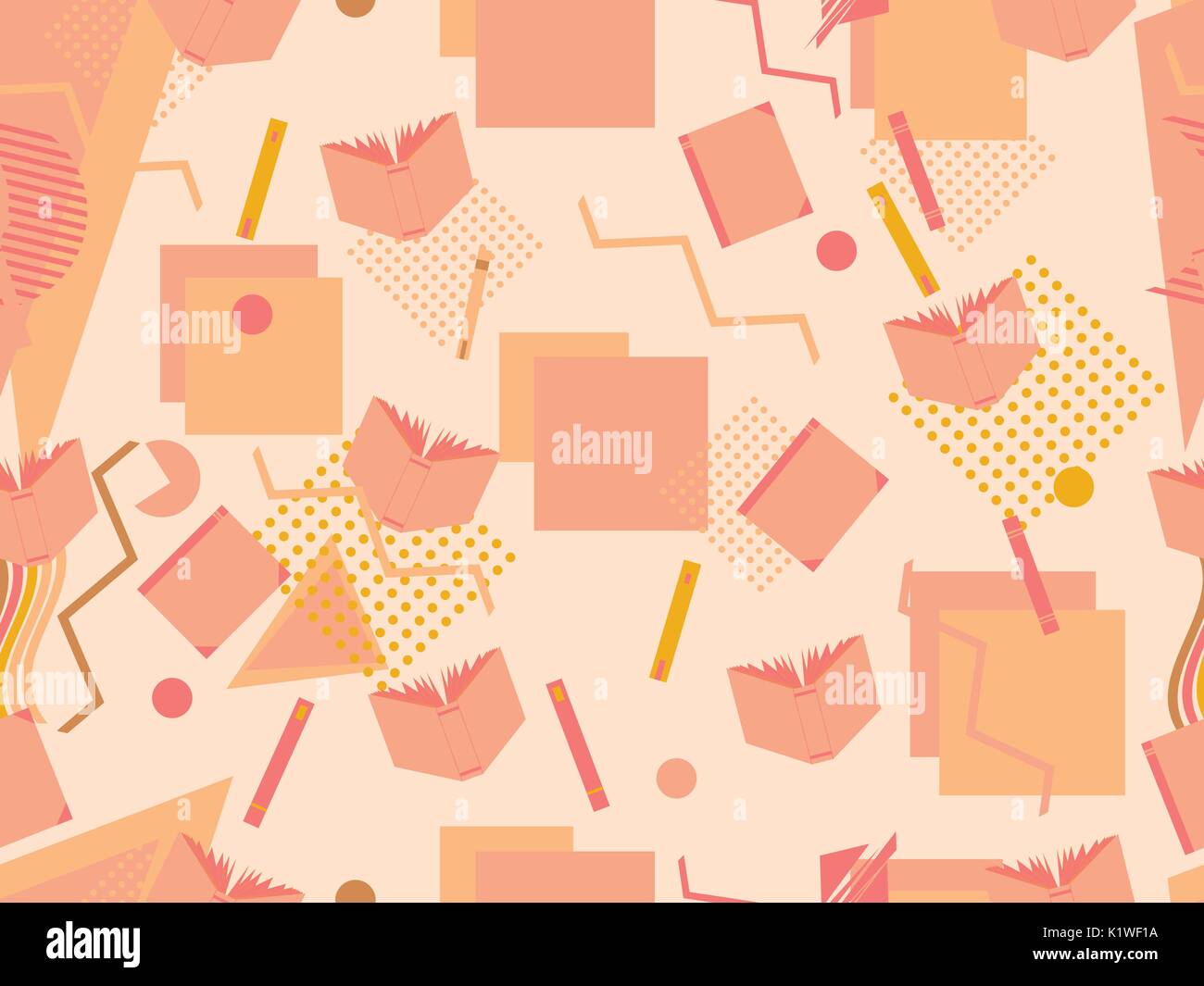 Memphis seamless pattern with books. Geometric elements memphis in the style of 80's. Vector illustration Stock Vector