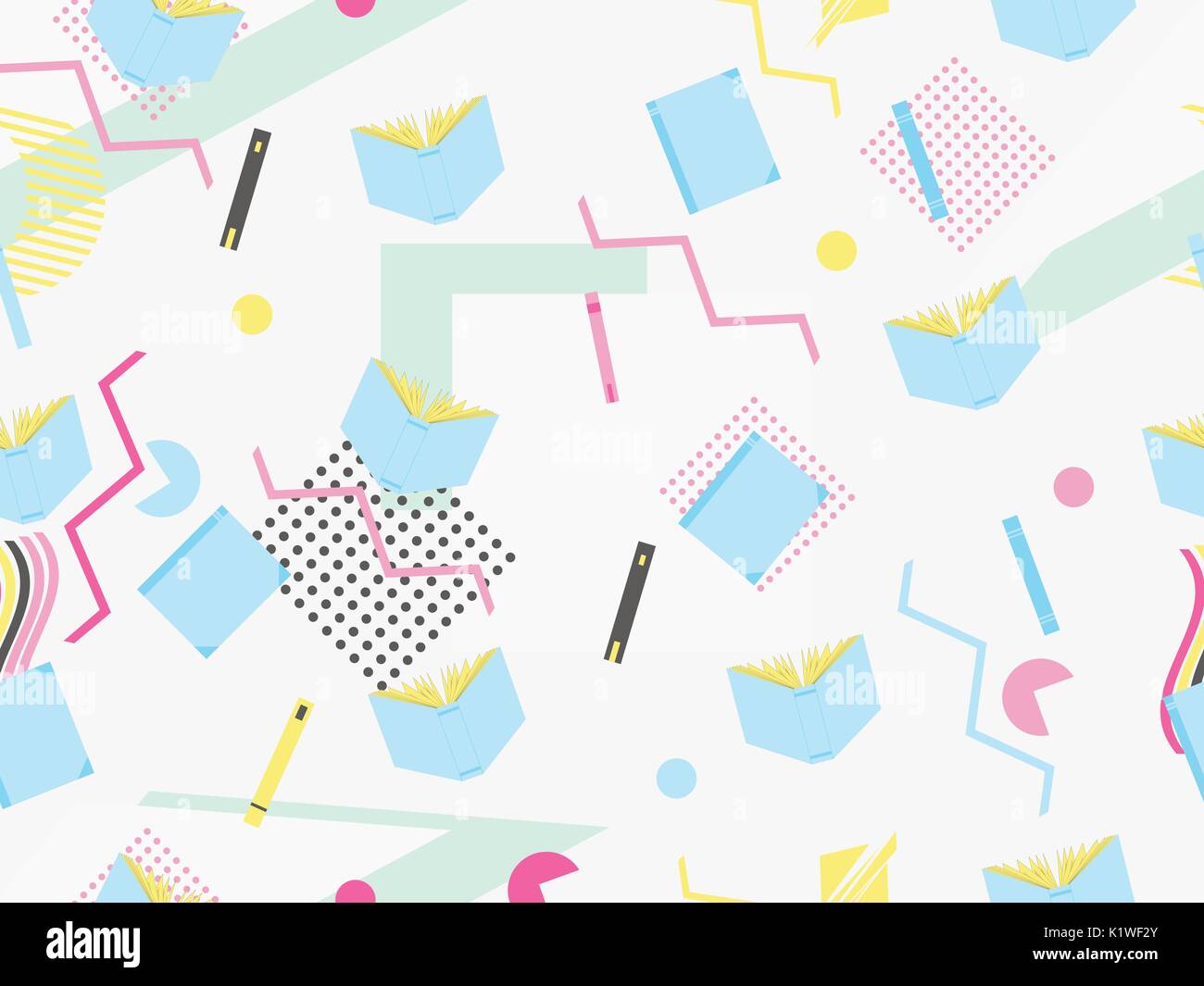 Memphis seamless pattern with books. Geometric elements memphis in the style of 80's. Vector illustration Stock Vector