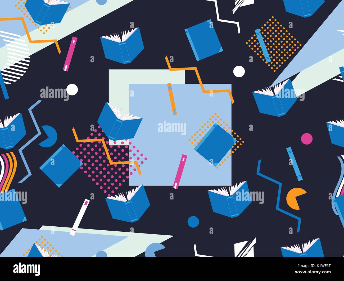 Memphis seamless pattern with books. Geometric elements memphis in the style of 80's. Vector illustration Stock Vector