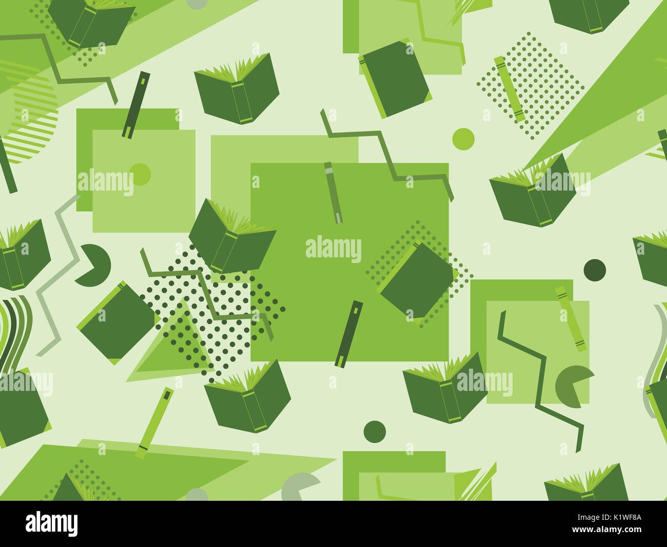 Memphis seamless pattern with books. Geometric elements memphis in the style of 80's. Vector illustration Stock Vector