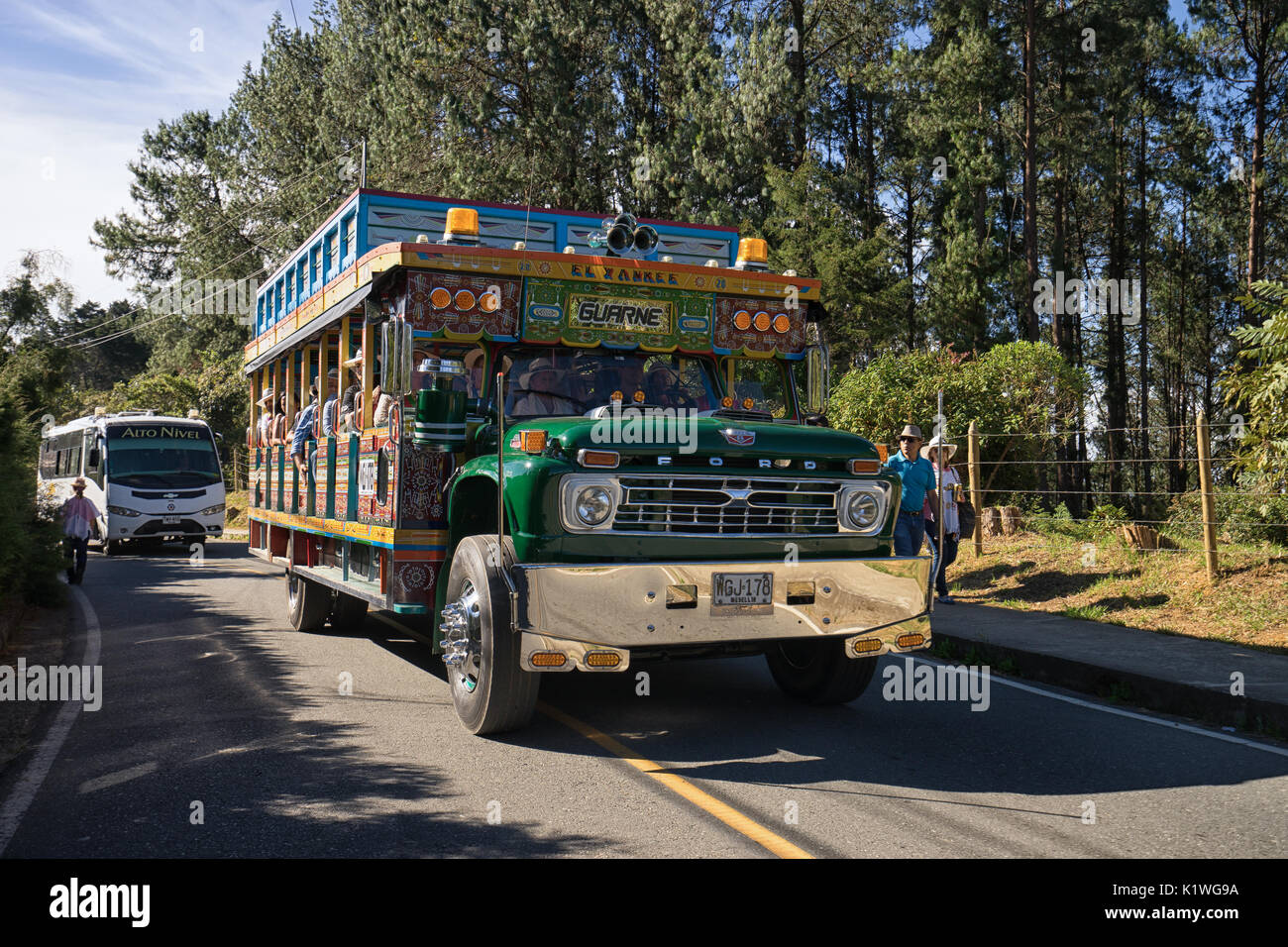 August 6, 2017 Medellin, Colombia: old colourful buses called 'chiva' used for transportation and as party bus during the annual flower festival in Sa Stock Photo