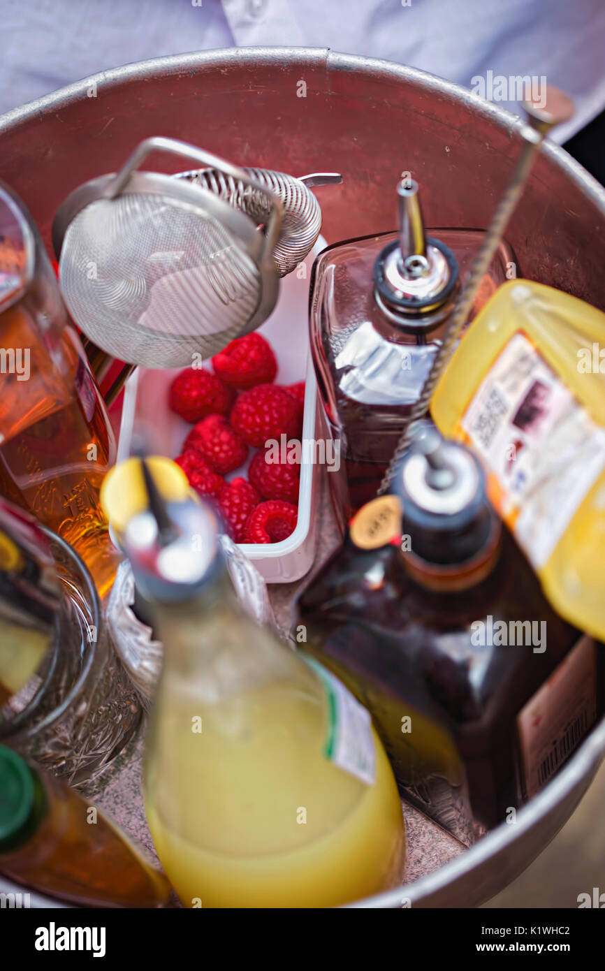 Drink ingredients cordials, bottles, fruits. Barman mixing tools Stock Photo Alamy