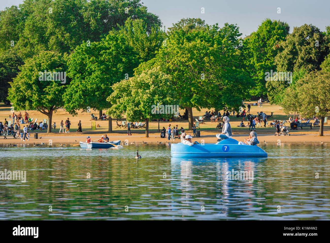 Hyde Park London summer, view of a muslim family enjoying a summer pedalo ride on the Serpentine Lake in Hyde Park, London, UK. Stock Photo