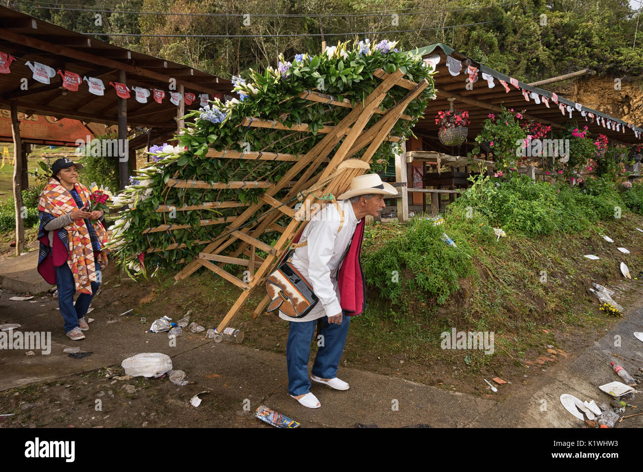 August 7, 2017 Medellin, Colombia: a farmer carries a large floral display on his back to the street to be transported to the flower festival parade Stock Photo