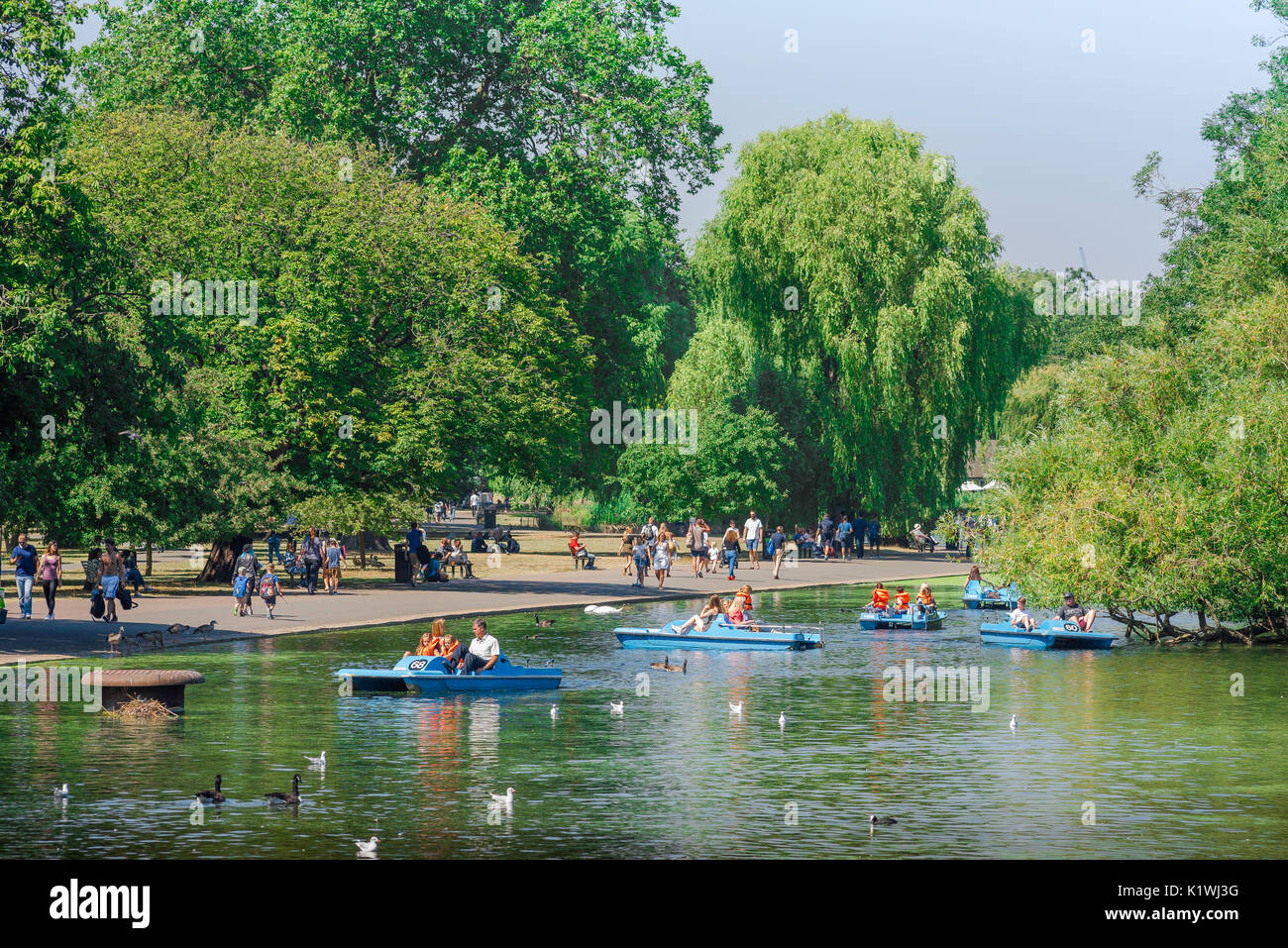 London tourism summer, view of tourists in pedalos enjoying a summer afternoon on the lake in Regent's Park, London, UK. Stock Photo