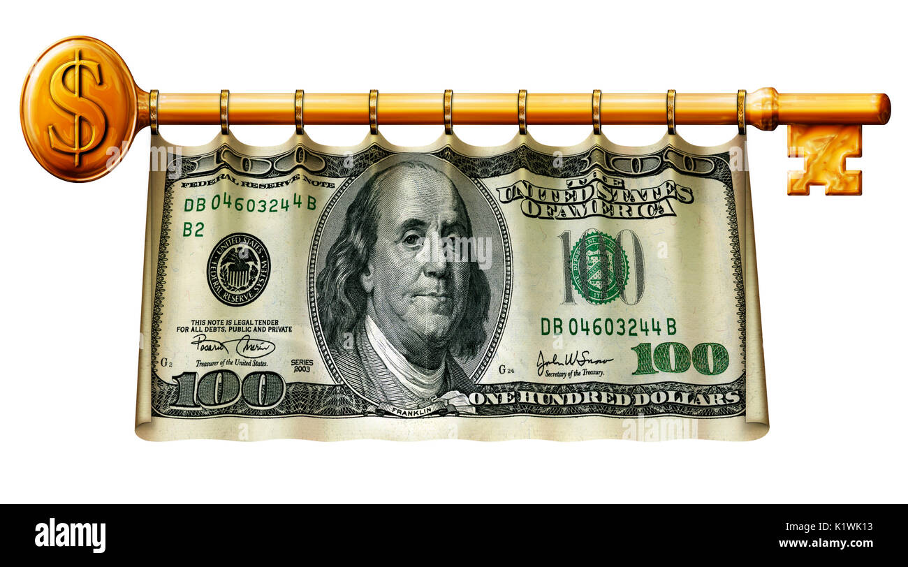 Photo Illustration of a 50 dollar bill retouched and re-illustrated as a banner hanging on a gold key. Stock Photo