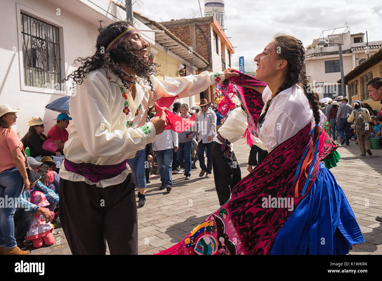 June 17, 2017 Pujili, Ecuador: street dancers performing in traditional clothing during Corpus Christi Stock Photo