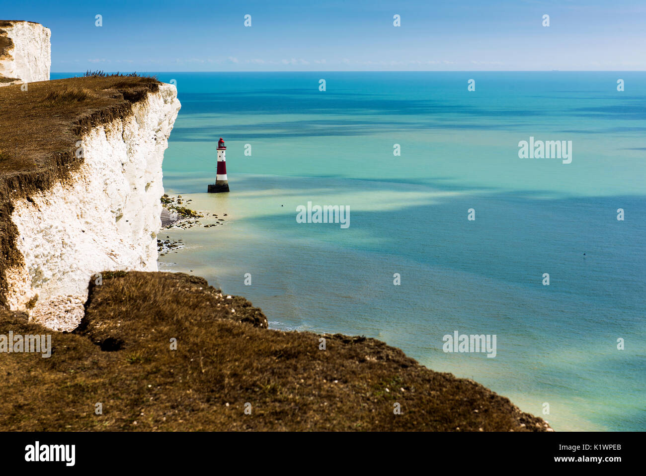 The area of chalk headlands in East Sussex, England called Beachy Head. Lies very close to Eastbourne and is famous for its Lighthouse. Stock Photo
