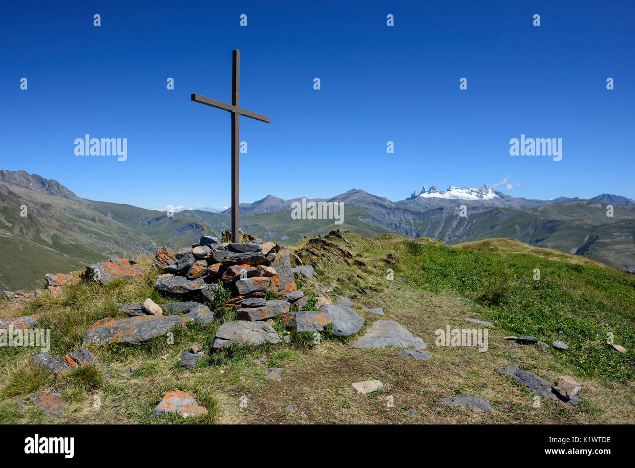 'La Croix de Cassini' (alt. 2361 meters) offers a 360o panorama of all the surrounding peaks and ranges, Alps, France Stock Photo