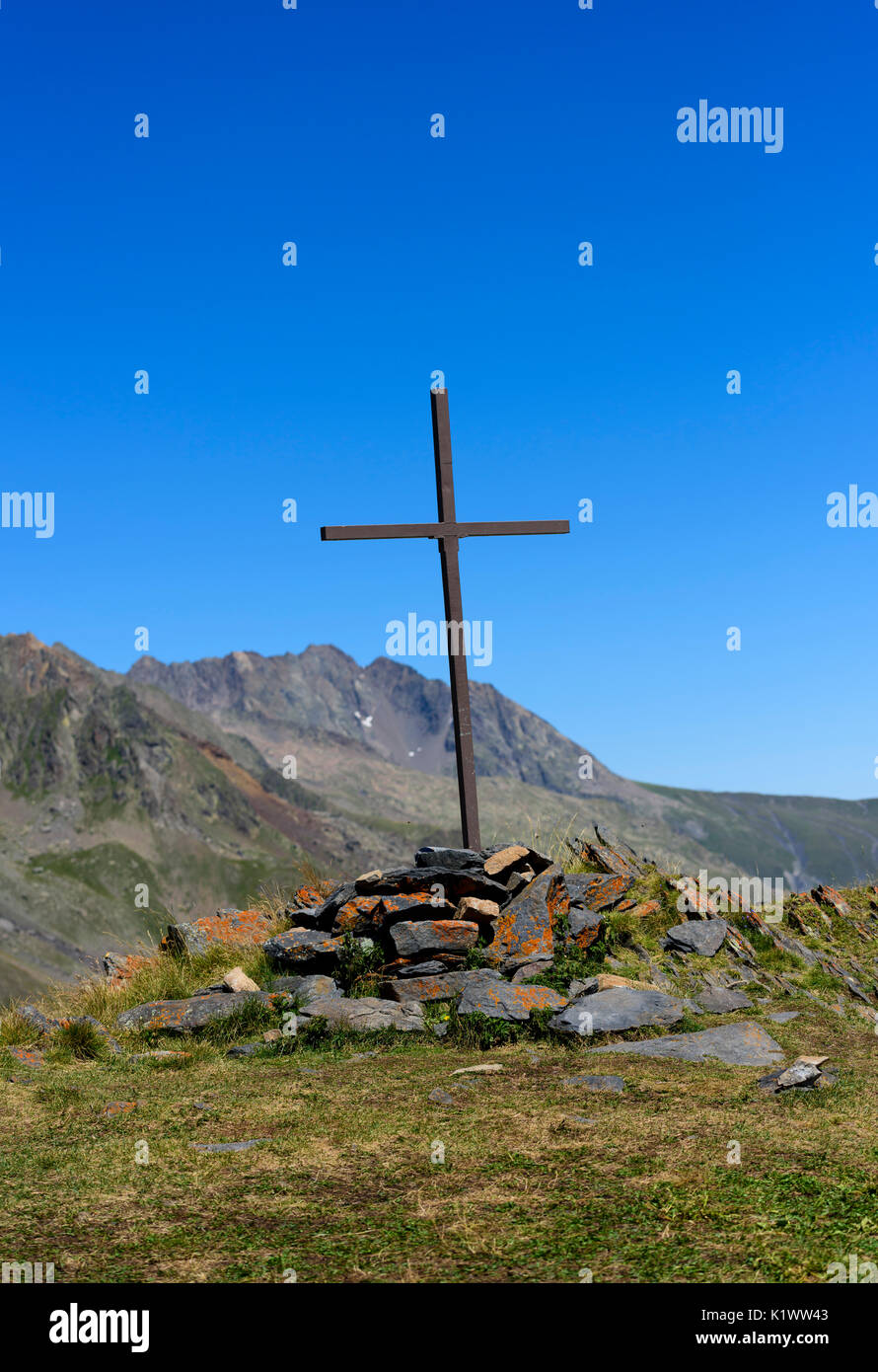 La Croix de Cassini during summer at an altitude of 2361 meters against blue sky, Isere, France, Europe Stock Photo