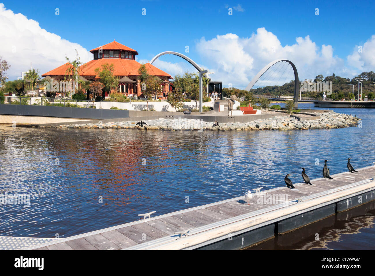 The relocated historic Florence Hummerston Kiosk, now a restaurant bar, on the Island at Elizabeth Quay, Perth, Western Australia Stock Photo