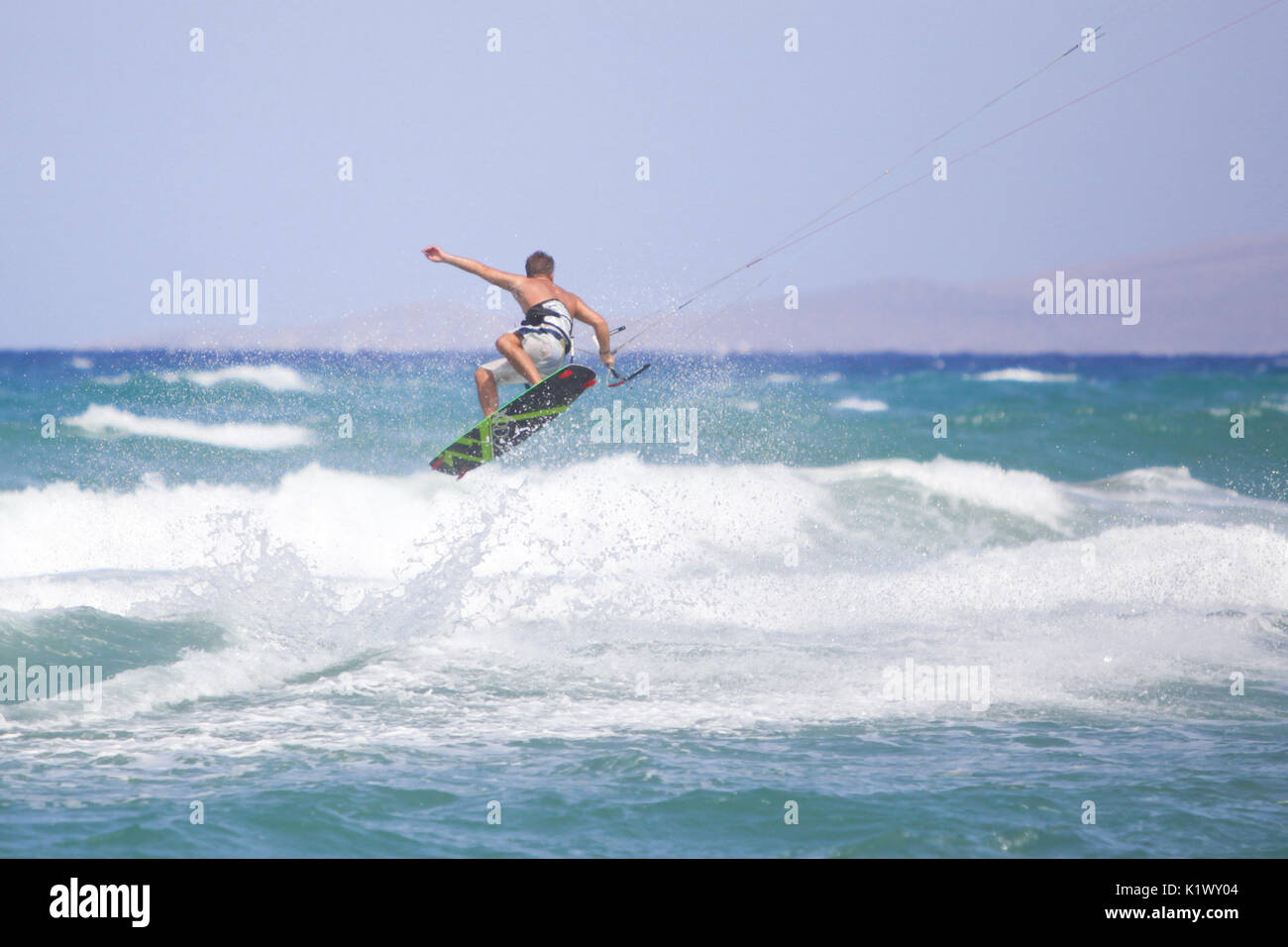 Europa, Greece, Kreta, Kitesurfer jumping at Greece Stock Photo