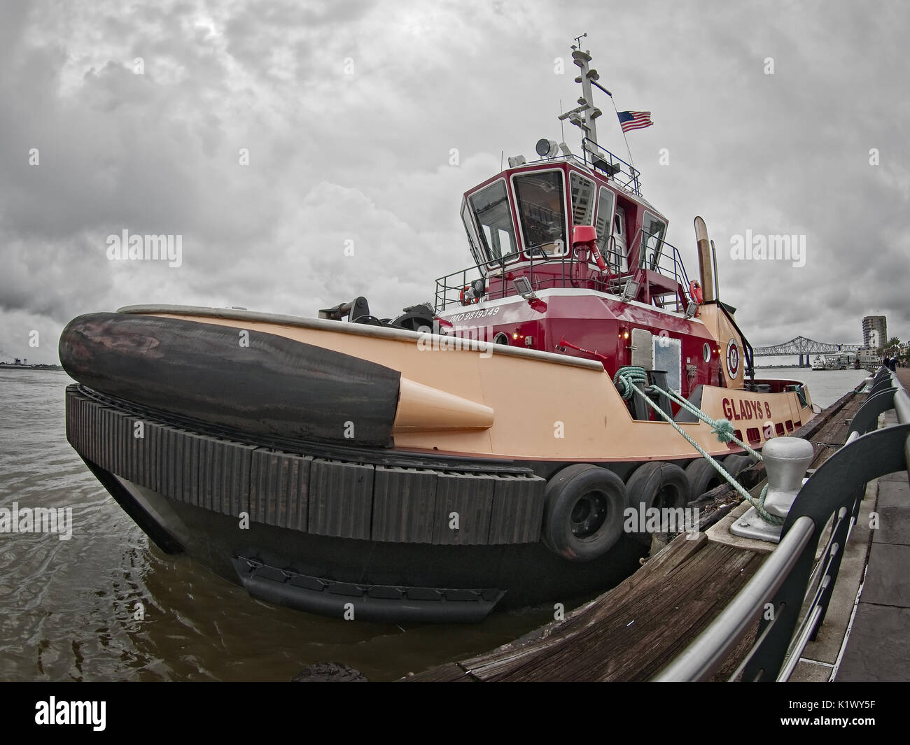 New Orleans, LA USA - June 1, 2017  -  Gladys B Tugboat taken with a Fisheye Lens Stock Photo