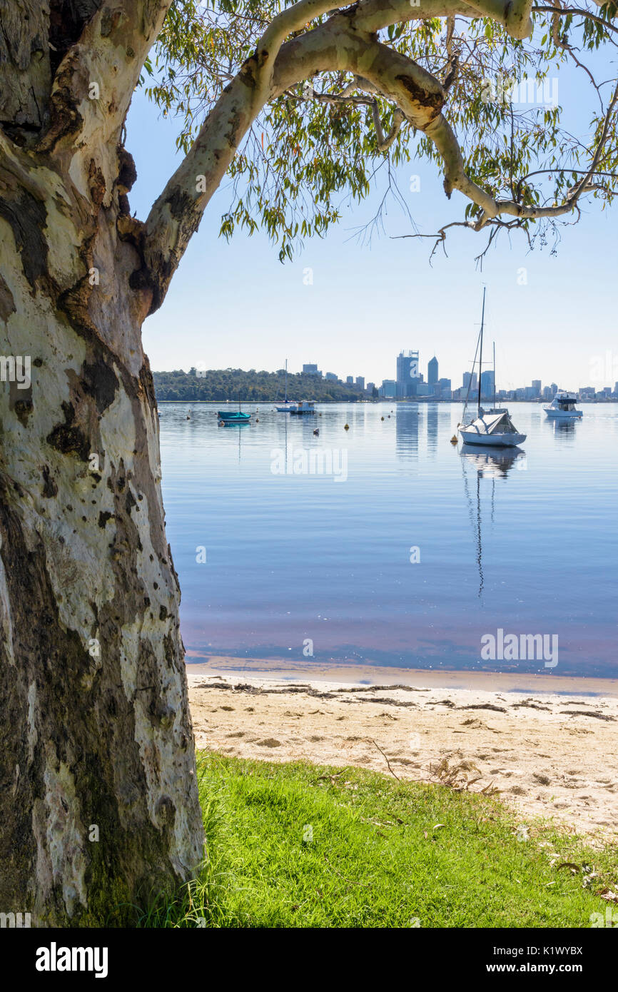 Boats moored in Matilda Bay viewed from the foreshore of the Swan River at Crawley, Perth, Western Australia Stock Photo