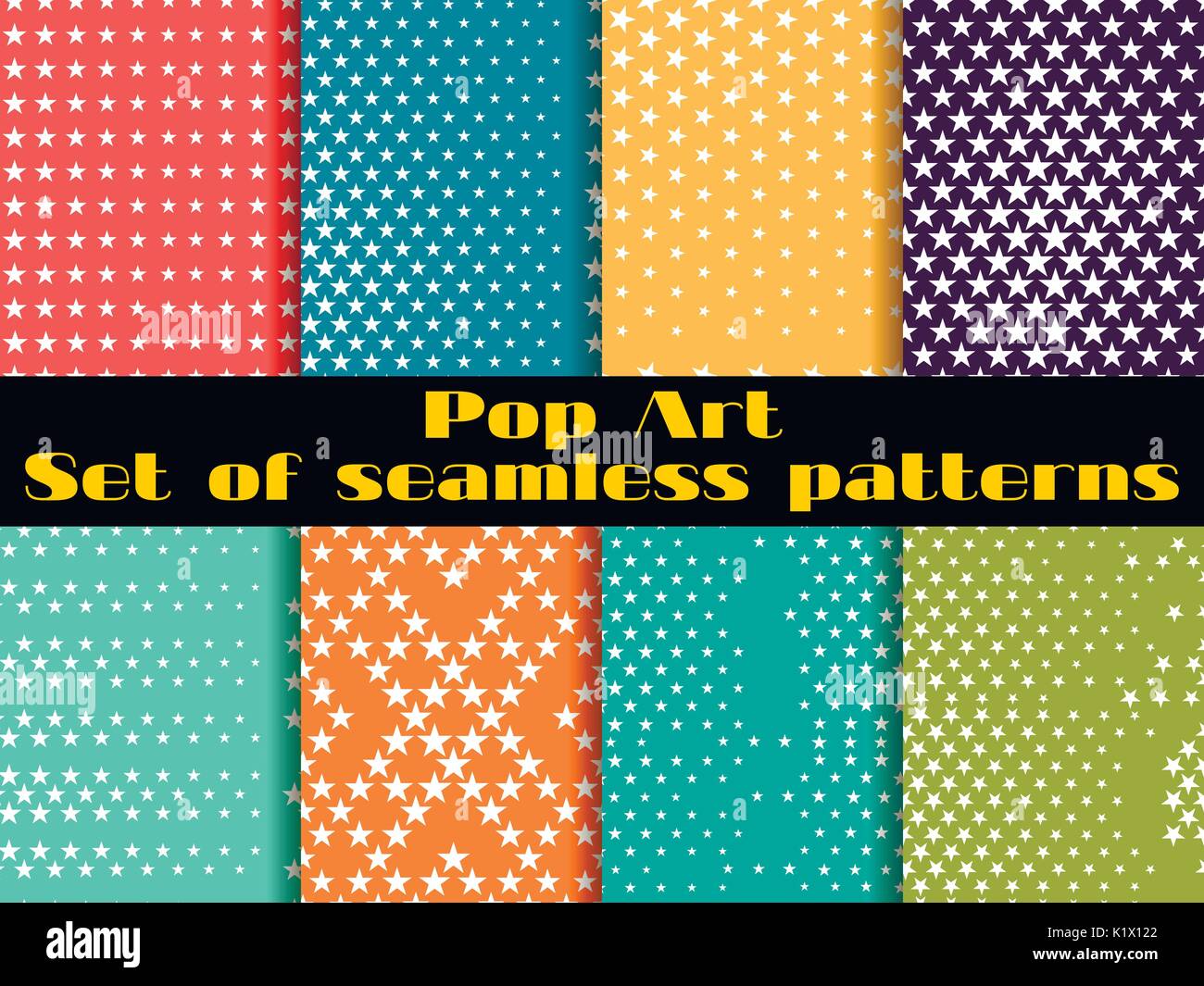 Stars, Pop Art seamless pattern background. Set vector illustration. Stock Vector
