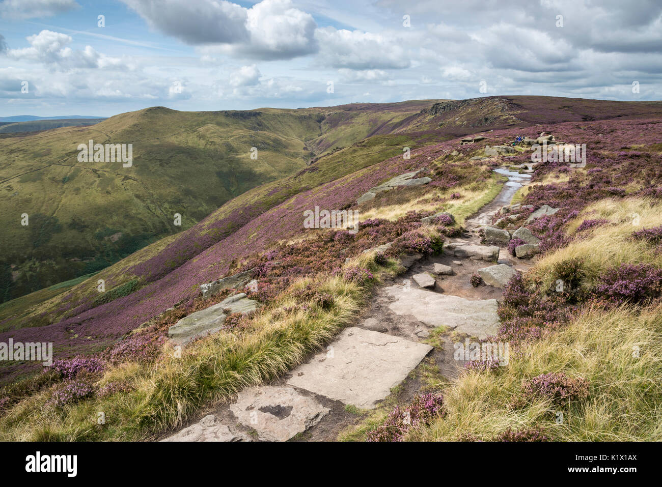 Footpath on the edge of Kinder Scout near Edale, Derbyshire, England. Looking down to Grindsbrook Clough. Stock Photo