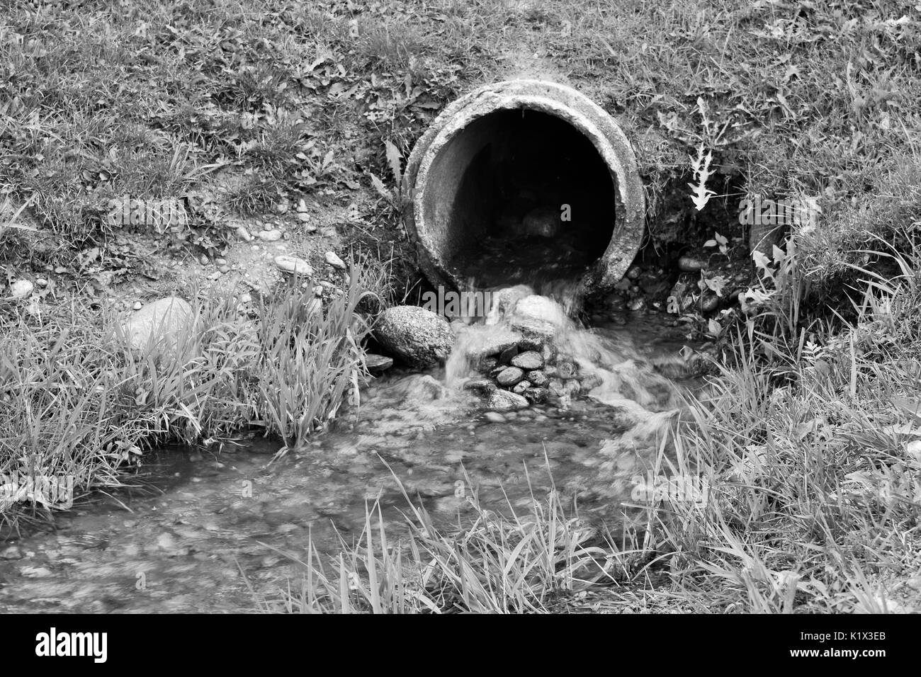 Small Waterfall from Drain Pipe at Kiwanis Park in black and white Stock Photo