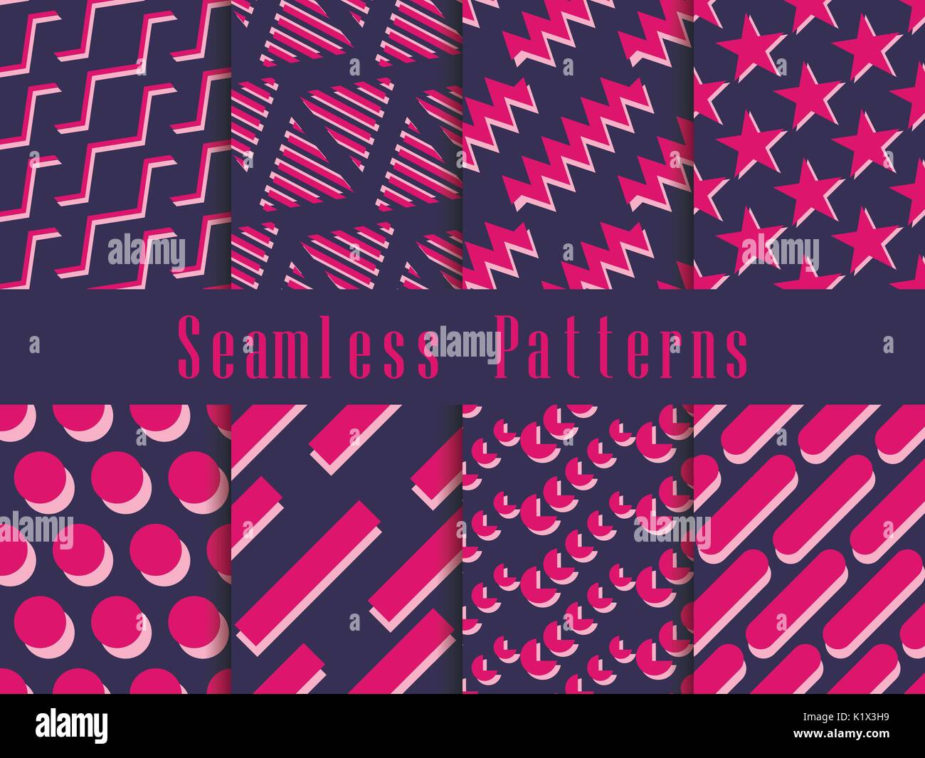 Geometric seamless pattern set. Geometric figures with a shadow in the style of the 80s. Vector illustration Stock Vector